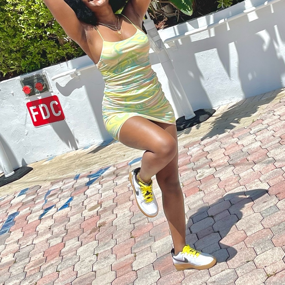 Lemon Mixed Print Mesh Ruched Strappy Bodycon Dress